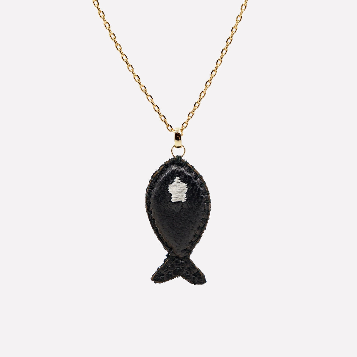 COLLANA CIONDOLO PESCE PELLE NERA RICAMATA - MINA MINA